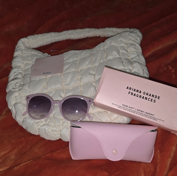 Cream Quilted Bag with Pink Sunglasses and Case